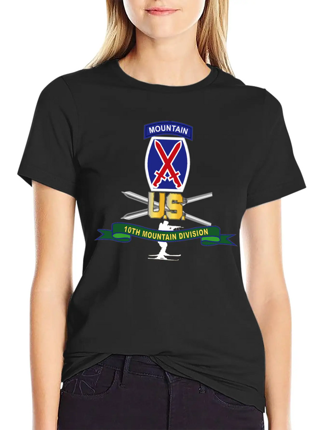 10th Mountain Division SSI W Ski Branch Ribbon Simple Everyday Graphic Tee – Lightweight Summer Wear