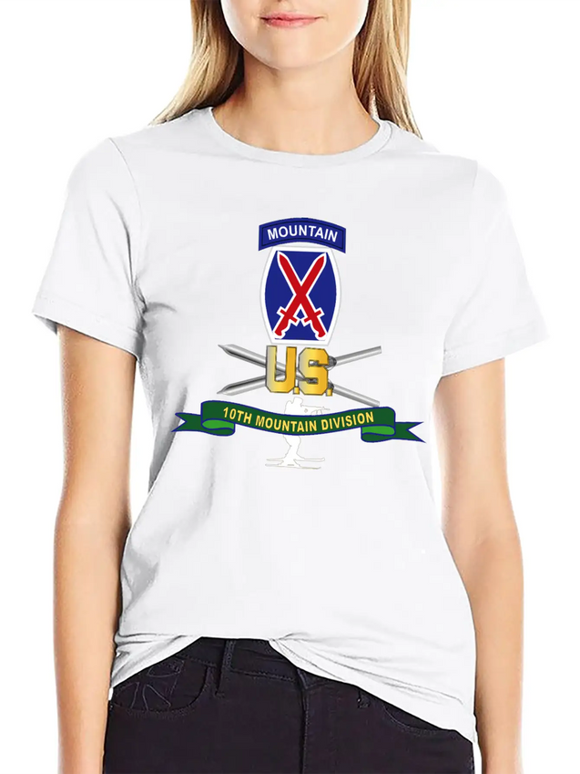 10th Mountain Division SSI W Ski Branch Ribbon Simple Everyday Graphic Tee – Lightweight Summer Wear