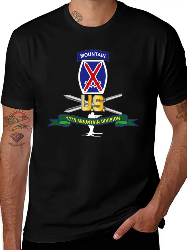 10th Mountain Division SSI W Ski Branch Ribbon Simple Everyday Graphic Tee – Lightweight Summer Wear