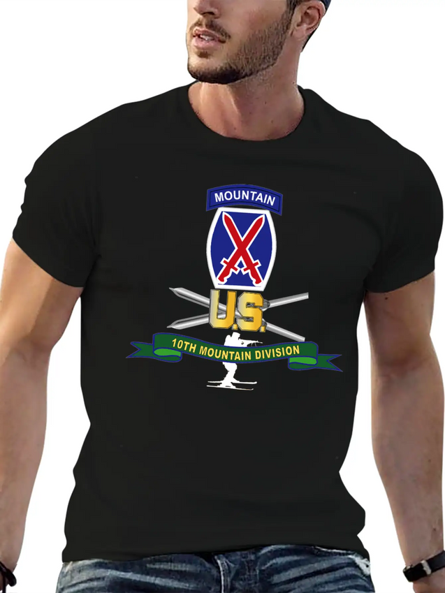 10th Mountain Division SSI W Ski Branch Ribbon Simple Everyday Graphic Tee – Lightweight Summer Wear