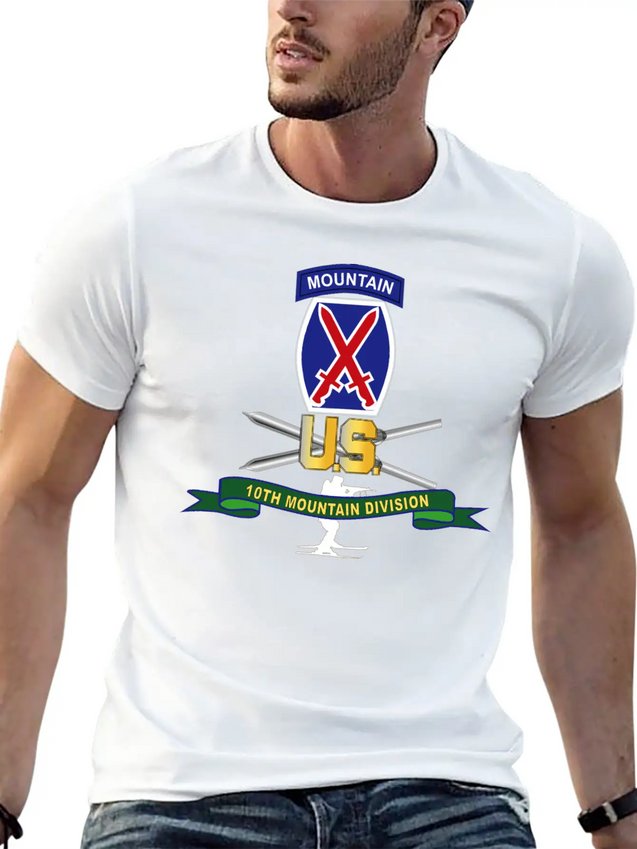10th Mountain Division SSI W Ski Branch Ribbon Simple Everyday Graphic Tee – Lightweight Summer Wear