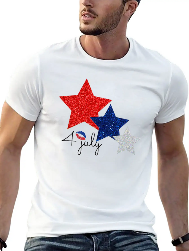 4 July Glitter Star Design Simple Everyday Graphic Tee – Lightweight Summer Wear