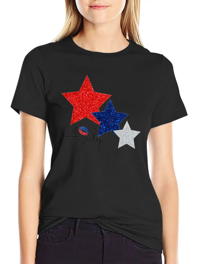 4 July Glitter Star Design Simple Everyday Graphic Tee – Lightweight Summer Wear