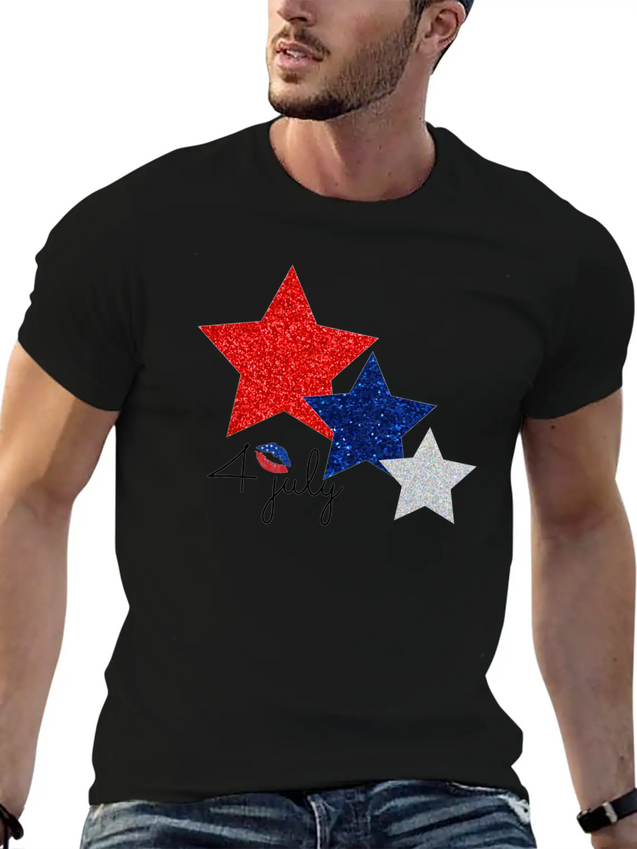 4 July Glitter Star Design Simple Everyday Graphic Tee – Lightweight Summer Wear