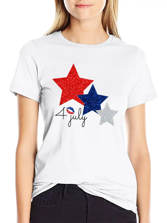 4 July Glitter Star Design Simple Everyday Graphic Tee – Lightweight Summer Wear