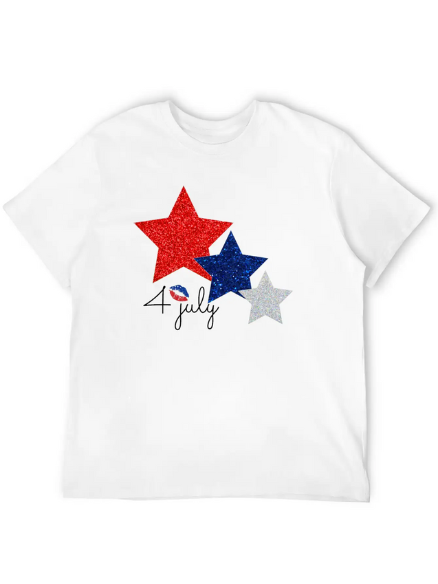 4 July Glitter Star Design Simple Everyday Graphic Tee – Lightweight Summer Wear