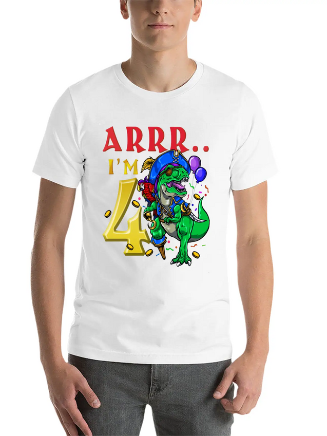 4th Birthday Dinosaur Pirate Unisex Casual T-Shirt – Clean Design For Daily Comfort