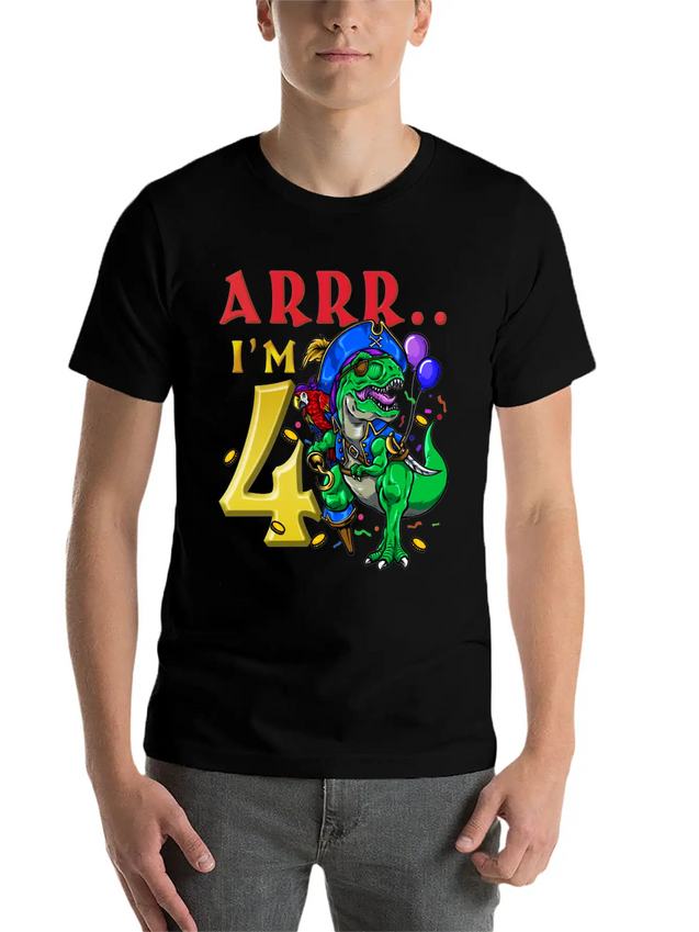 4th Birthday Dinosaur Pirate Unisex Casual T-Shirt – Clean Design For Daily Comfort