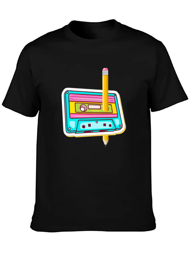 80's Cassette Tape 1990s Pencil Winding Cassette Casual Graphic T-Shirt – Simple And Comfortable Daily Wear