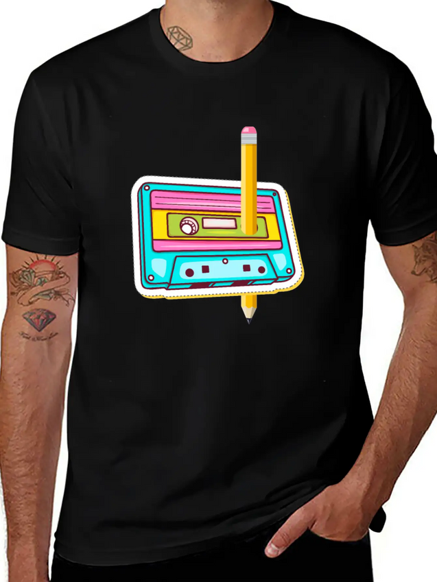 80's Cassette Tape 1990s Pencil Winding Cassette Casual Graphic T-Shirt – Simple And Comfortable Daily Wear