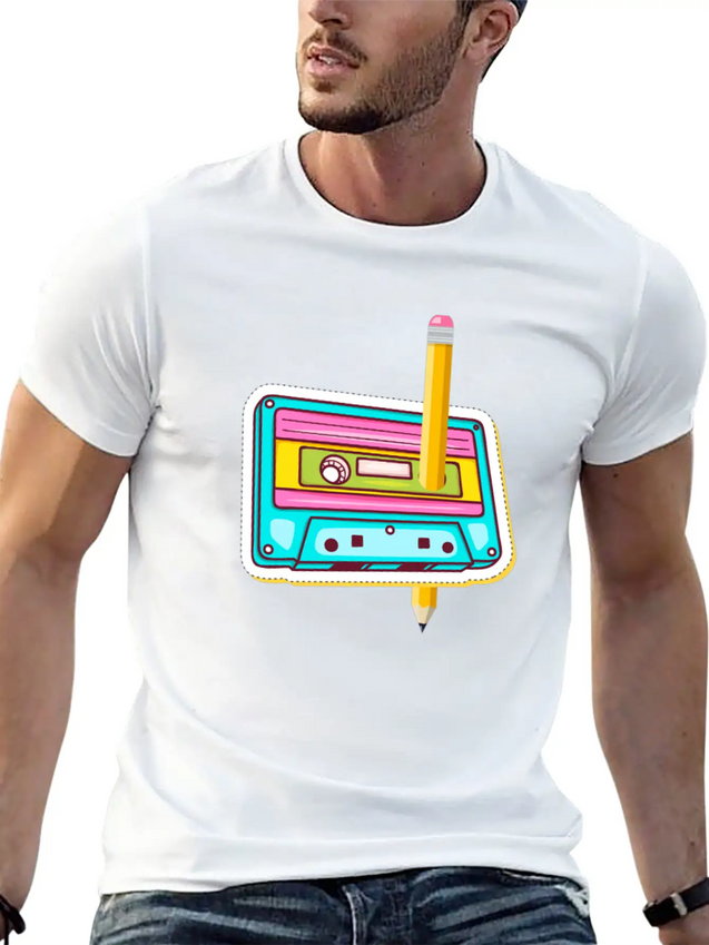 80's Cassette Tape 1990s Pencil Winding Cassette Casual Graphic T-Shirt – Simple And Comfortable Daily Wear