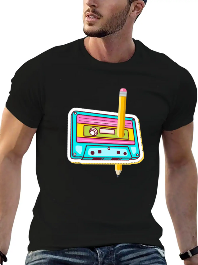80's Cassette Tape 1990s Pencil Winding Cassette Casual Graphic T-Shirt – Simple And Comfortable Daily Wear