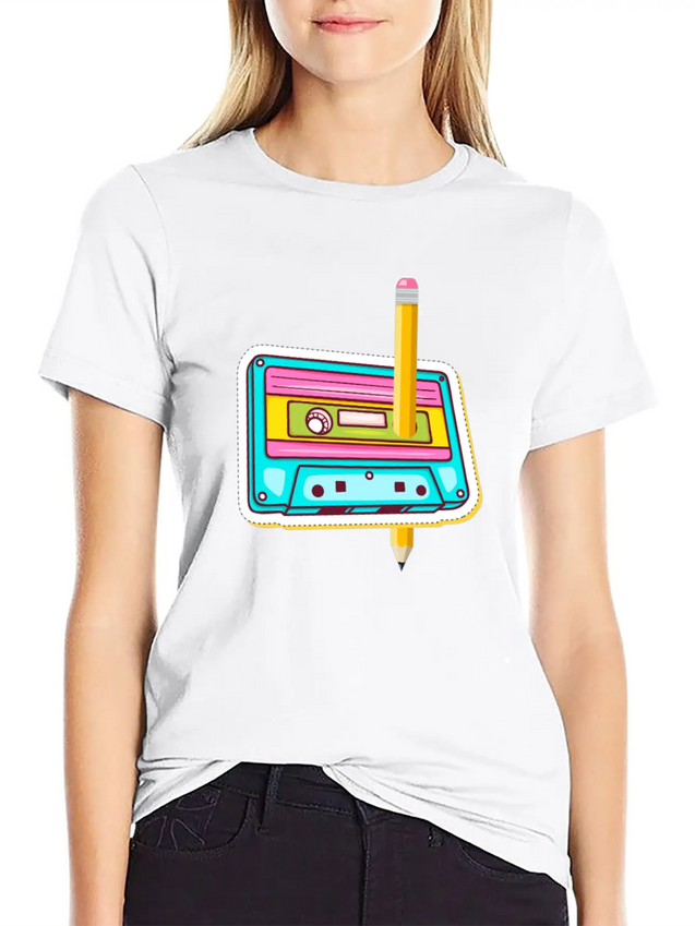 80's Cassette Tape 1990s Pencil Winding Cassette Casual Graphic T-Shirt – Simple And Comfortable Daily Wear