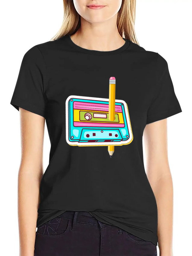 80's Cassette Tape 1990s Pencil Winding Cassette Casual Graphic T-Shirt – Simple And Comfortable Daily Wear