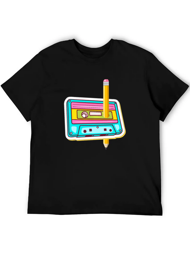 80's Cassette Tape 1990s Pencil Winding Cassette Casual Graphic T-Shirt – Simple And Comfortable Daily Wear