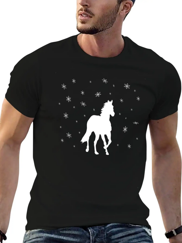 A Huge Horse In The Snow Casual Graphic T-Shirt – Simple And Comfortable Daily Wear