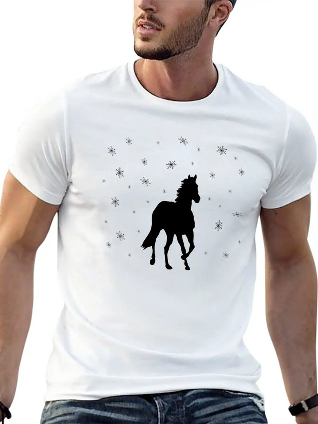 A Huge Horse In The Snow Casual Graphic T-Shirt – Simple And Comfortable Daily Wear