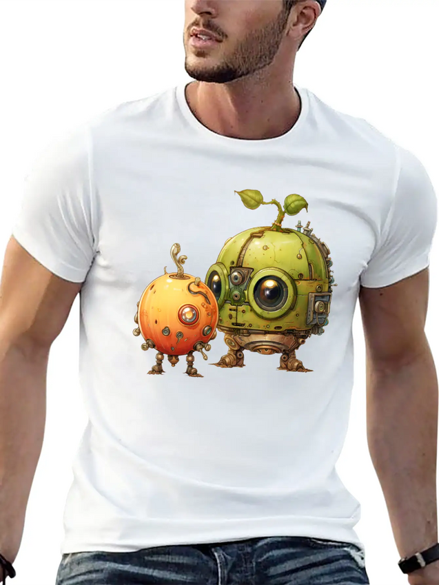 Steampunk Peach And Green Apple Casual Graphic T-Shirt – Simple And Comfortable Daily Wear