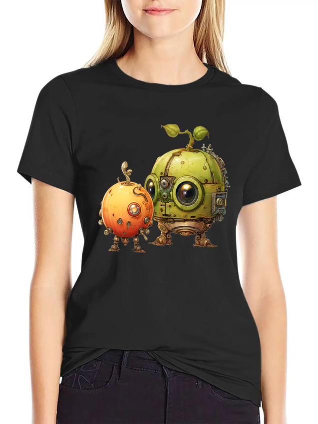 Steampunk Peach And Green Apple Casual Graphic T-Shirt – Simple And Comfortable Daily Wear