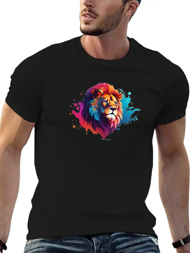 "Vibrant Roar: Colorful Lion Face Majesty T-Shirt Modern Fit Casual T-Shirt – Clean And Versatile Design