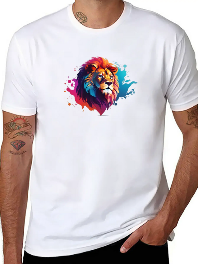 "Vibrant Roar: Colorful Lion Face Majesty T-Shirt Modern Fit Casual T-Shirt – Clean And Versatile Design