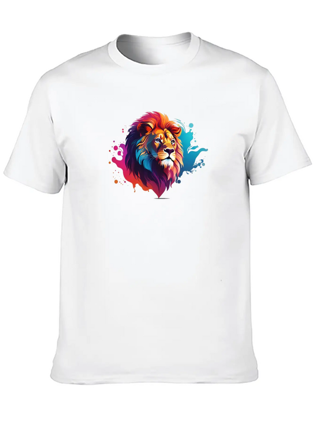 "Vibrant Roar: Colorful Lion Face Majesty T-Shirt Modern Fit Casual T-Shirt – Clean And Versatile Design