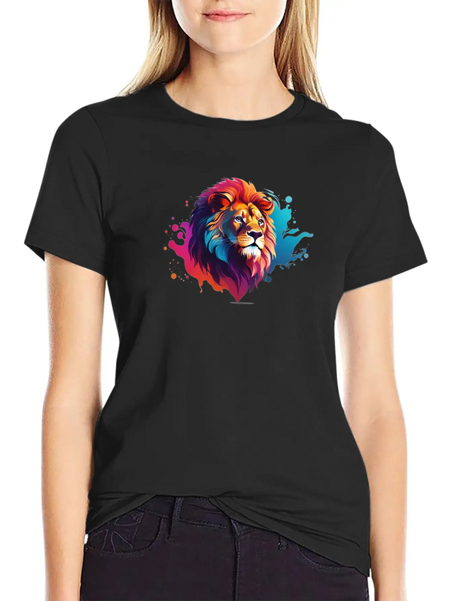 "Vibrant Roar: Colorful Lion Face Majesty T-Shirt Modern Fit Casual T-Shirt – Clean And Versatile Design