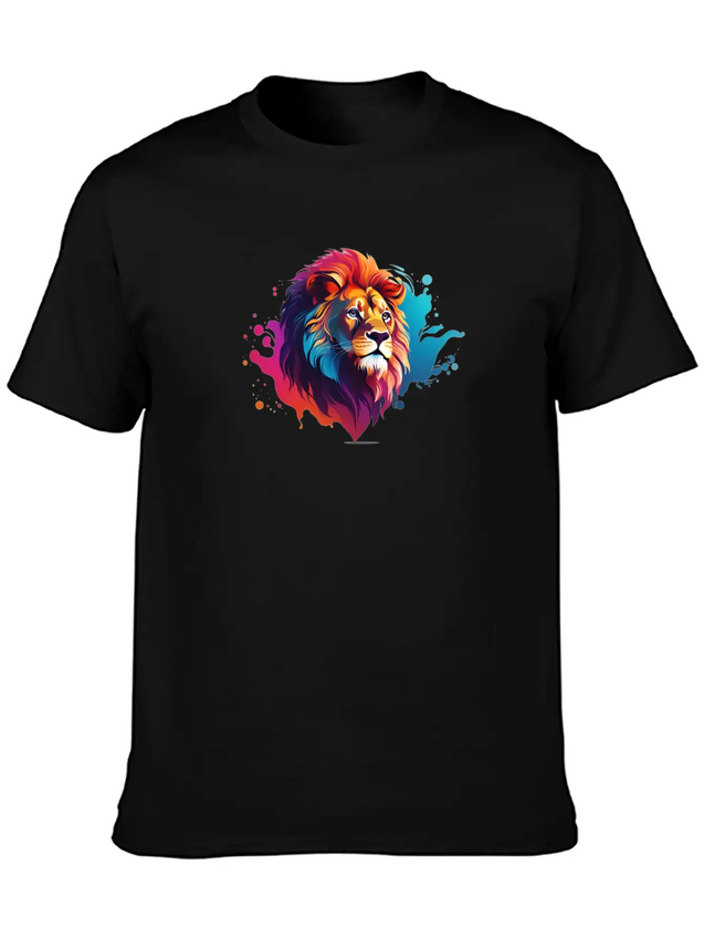 "Vibrant Roar: Colorful Lion Face Majesty T-Shirt Modern Fit Casual T-Shirt – Clean And Versatile Design