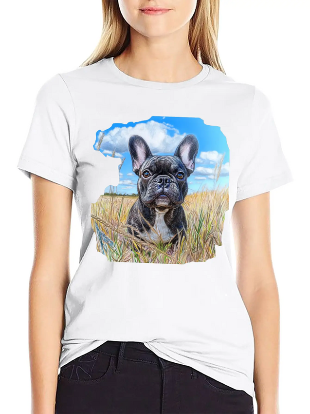 Watercolor French Bulldog Oil Painting Art Bulldog Casual Graphic T-Shirt – Simple And Comfortable Daily Wear
