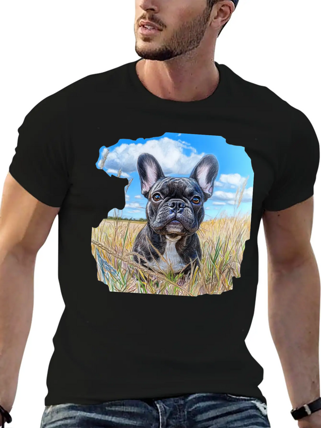 Watercolor French Bulldog Oil Painting Art Bulldog Casual Graphic T-Shirt – Simple And Comfortable Daily Wear