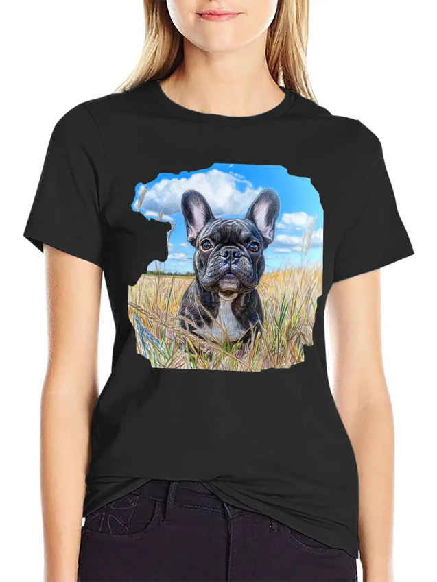 Watercolor French Bulldog Oil Painting Art Bulldog Casual Graphic T-Shirt – Simple And Comfortable Daily Wear